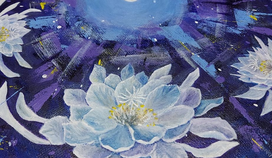 アクリル絵具で描く「月と月下美人の花」の絵 |月夜の幻想空想絵画